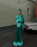 Mint Velvet 1920’s-Old Hollywood style-mint green velvet- Full length robe and turban set-faux fur trim-glamour robe-gift-handmade robe