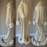 Velvet 1920’s-Old Hollywood style-embossed cream velvet robe and turban set- Full length robe with faux fur trim-Wedding-burlesque-gift for
