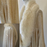 Velvet 1920’s-Old Hollywood style-embossed cream velvet robe and turban set- Full length robe with faux fur trim-Wedding-burlesque-gift for